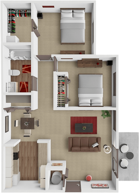 Floor plan for 2 beds, 1 bath, 905 sqft