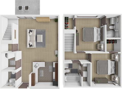 Floor plan for 2 beds, 2.5 baths, 1039 sqft
