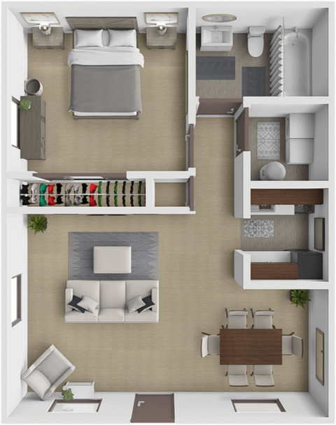 Floor plan for 1 bed, 1 bath, 570 sqft