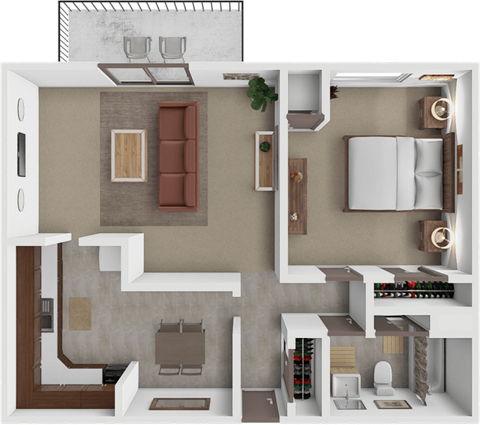 Floor plan for 1 bed, 1 bath, 725 sqft