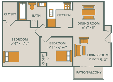 Floor plan for 2 beds, 1 bath, 720 sqft