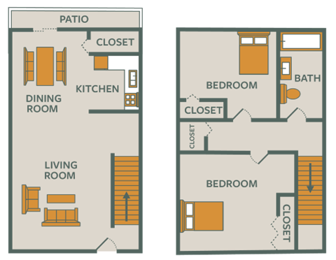 Floor plan for 2 beds, 1 bath, 850 sqft