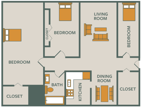 Floor plan for 3 beds, 1 bath, 900 sqft