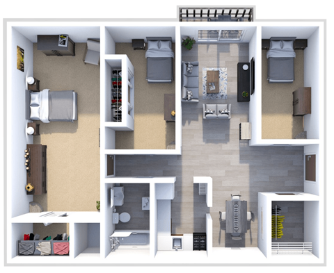Floor plan for 3 beds, 1 bath, 800 sqft