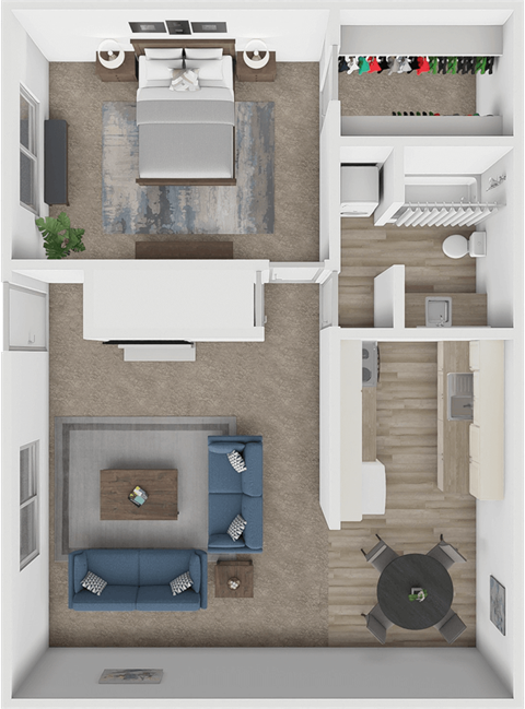 Floor plan for 1 bed, 1 bath, 725 sqft