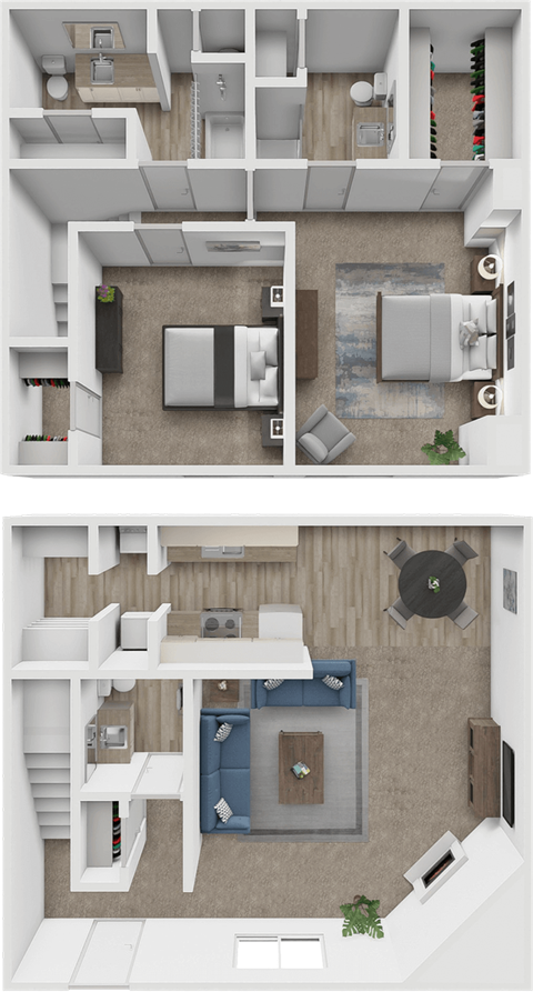 Floor plan for 2 beds, 2.5 baths, 1300 sqft