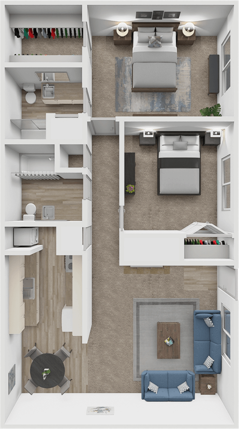 Floor plan for 2 beds, 2 baths, 950 sqft