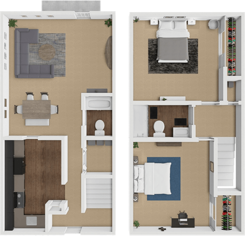 Floor plan for 2 beds, 1.5 baths, 935 sqft