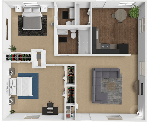 Floor plan for 2 beds, 1.5 baths, 821 sqft