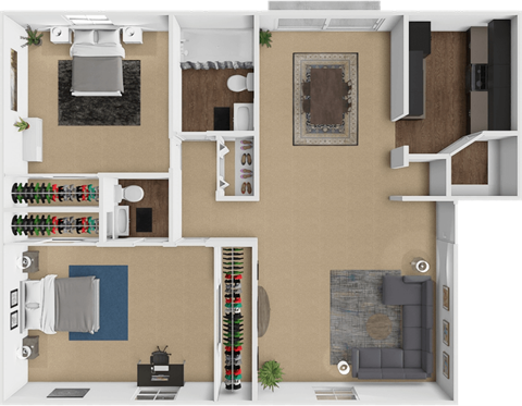 Floor plan for 2 beds, 1.5 baths, 821 sqft