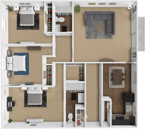 Floor plan for 3 beds, 2 baths, 1405 sqft