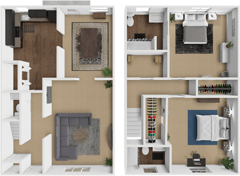 Floor plan for 2 beds, 2.5 baths, 1230 sqft