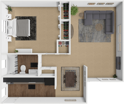 Floor plan for 1 bed, 1 bath, 614 sqft