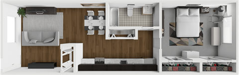 Floor plan for 1 bed, 1 bath, 580 sqft
