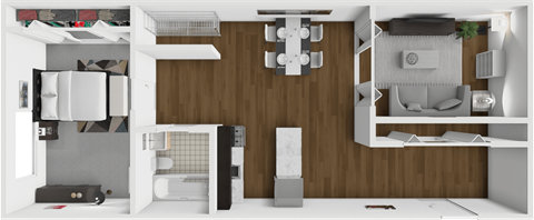 Floor plan for 1 bed, 1 bath, 702 sqft