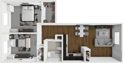 Floor plan for 2 beds, 1 bath, 690 sqft