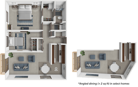 Floor plan for 2 beds, 1 bath, 950 sqft