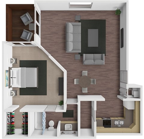 Floor plan for 1 bed, 1 bath, 875 sqft