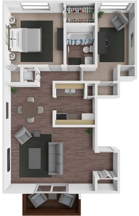 Floor plan for 2 beds, 1 bath, 857 sqft