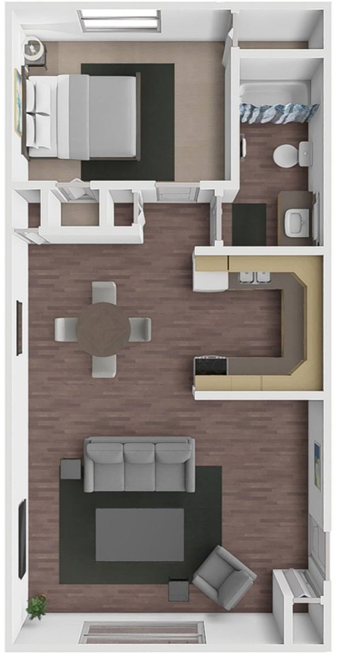 Floor plan for 1 bed, 1 bath, 728 sqft