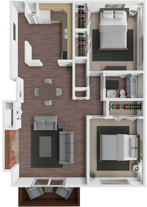 Floor plan for 2 beds, 1 bath, 989 sqft