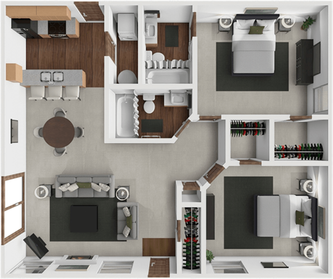Floor plan for 2 beds, 2 baths, 975 sqft