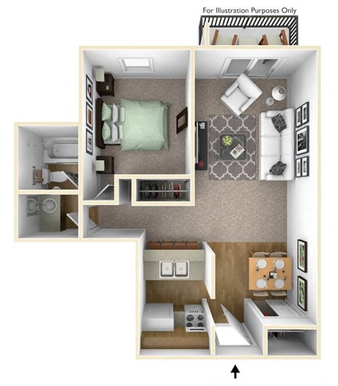 Floor plan for 1 bed, 1 bath, 641 sqft