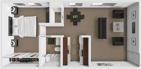Floor plan for 1 bed, 1 bath, 611 sqft