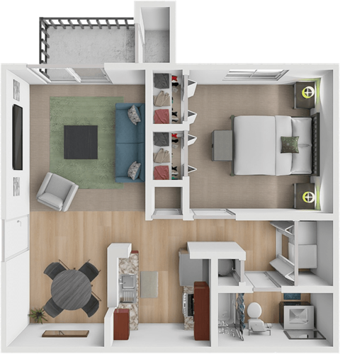 Floor plan for 1 bed, 1 bath, 683 sqft