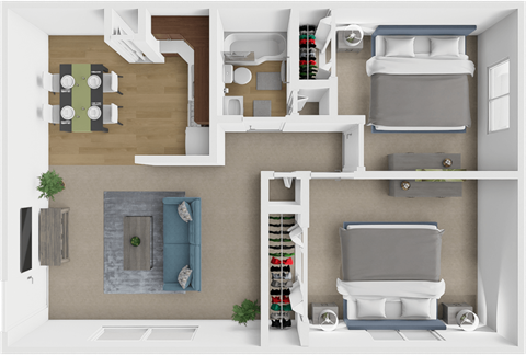 Floor plan for 2 beds, 1 bath, 748 sqft