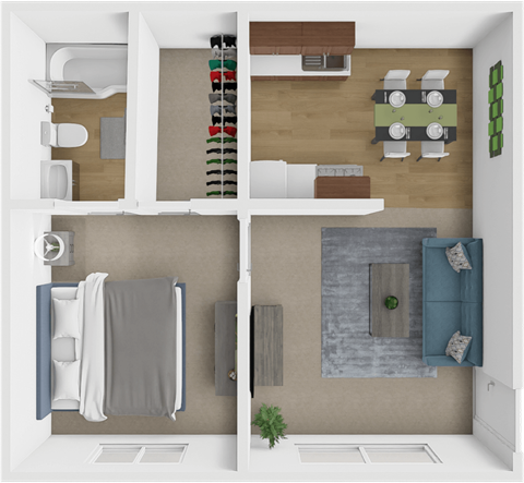 Floor plan for 1 bed, 1 bath, 480 sqft