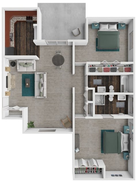 Floor plan for 2 beds, 2 baths, 1089 sqft