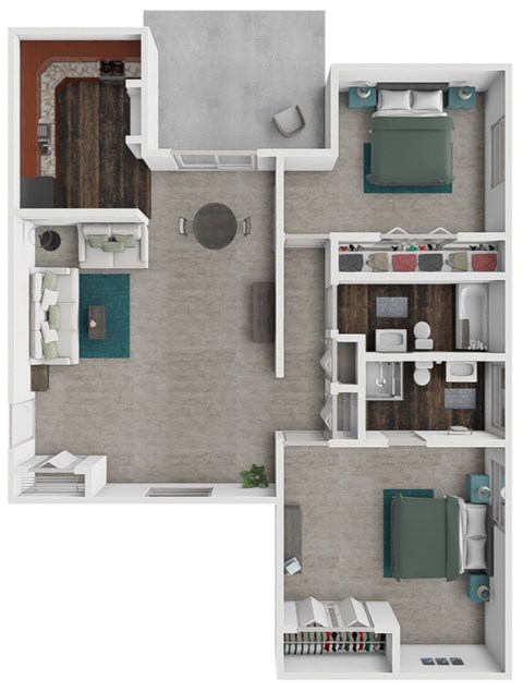 Floor plan for 2 beds, 2 baths, 980 sqft