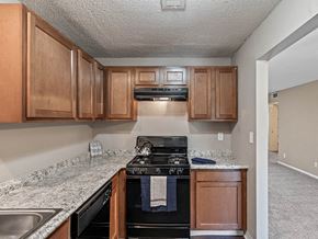 Overland Park apartment for rent - a kitchen with wood cabinets and a black stove