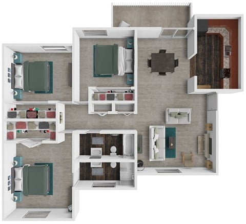 Floor plan for 3 beds, 2 baths, 1400 sqft