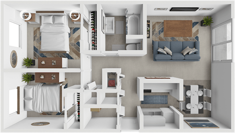 Floor plan for 2 beds, 1 bath, 965 sqft