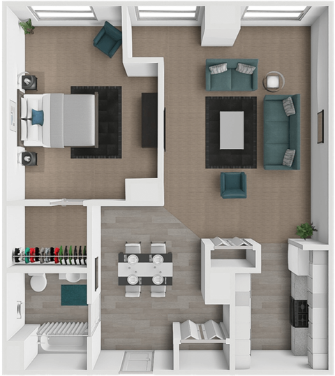 Floor plan for 1 bed, 1 bath, 777 sqft