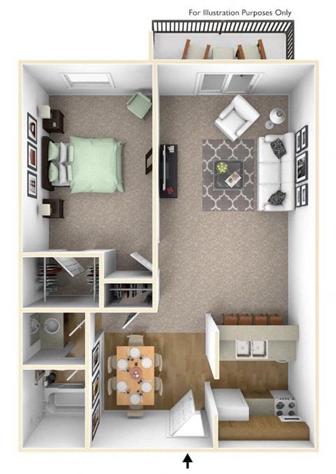 Floor plan for 1 bed, 1 bath, 644 sqft