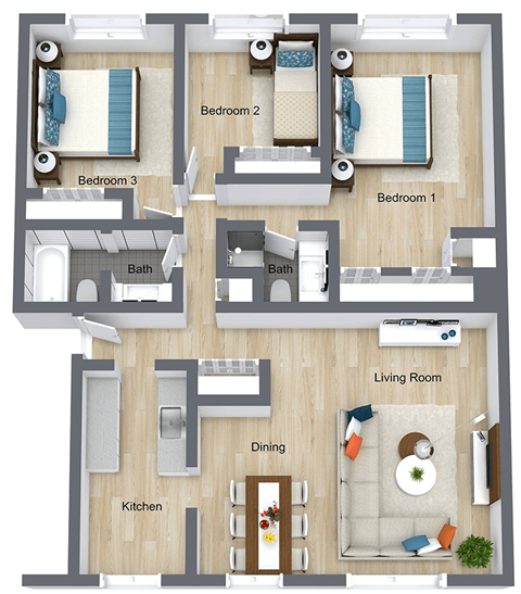 Floor plan for 3 beds, 2 baths, 1330 sqft