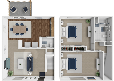 Floor plan for 2 beds, 1.5 baths, 1050 sqft