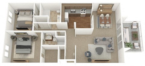 Floor plan for 2 beds, 2 baths, 980 sqft