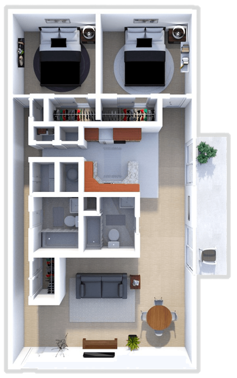 Floor plan for 2 beds, 2 baths, 1400 sqft