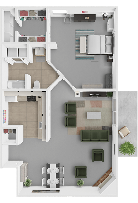 Floor plan for 1 bed, 1 bath, 844 sqft