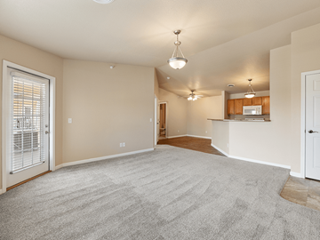 Rapid City apartment for rent - A spacious living room with a grey carpet and a white door.