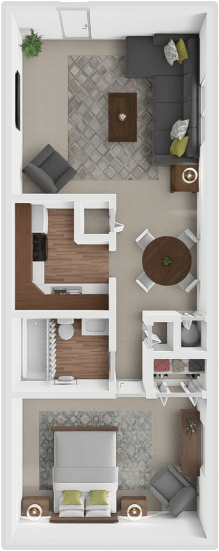 Floor plan for 1 bed, 1 bath, 750 sqft