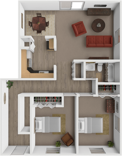 Floor plan for 2 beds, 1 bath, 864 sqft