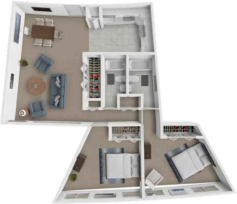 Floor plan for 2 beds, 2 baths, 965 sqft