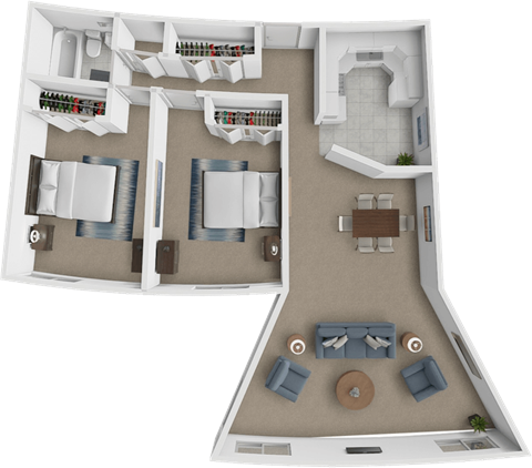 Floor plan for 2 beds, 1 bath, 1030 sqft