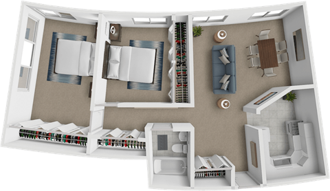Floor plan for 2 beds, 1 bath, 890 sqft