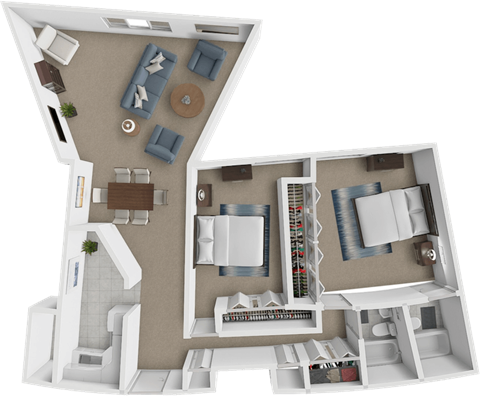 Floor plan for 2 beds, 2 baths, 1040 sqft